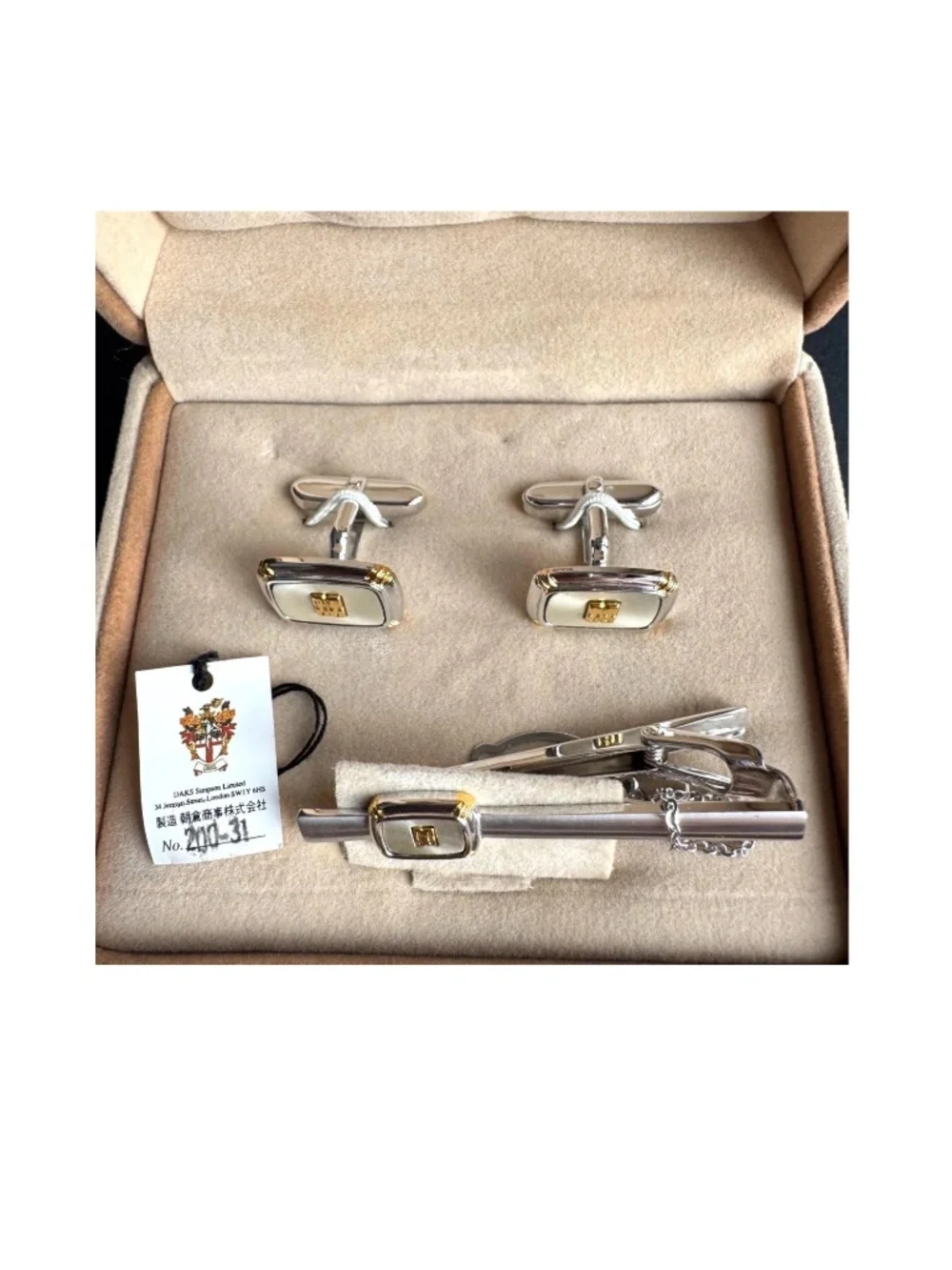 Vintage DAKS England Cufflinks Tie Clip Set Two Tone w/ Box Centennial Mens Gift